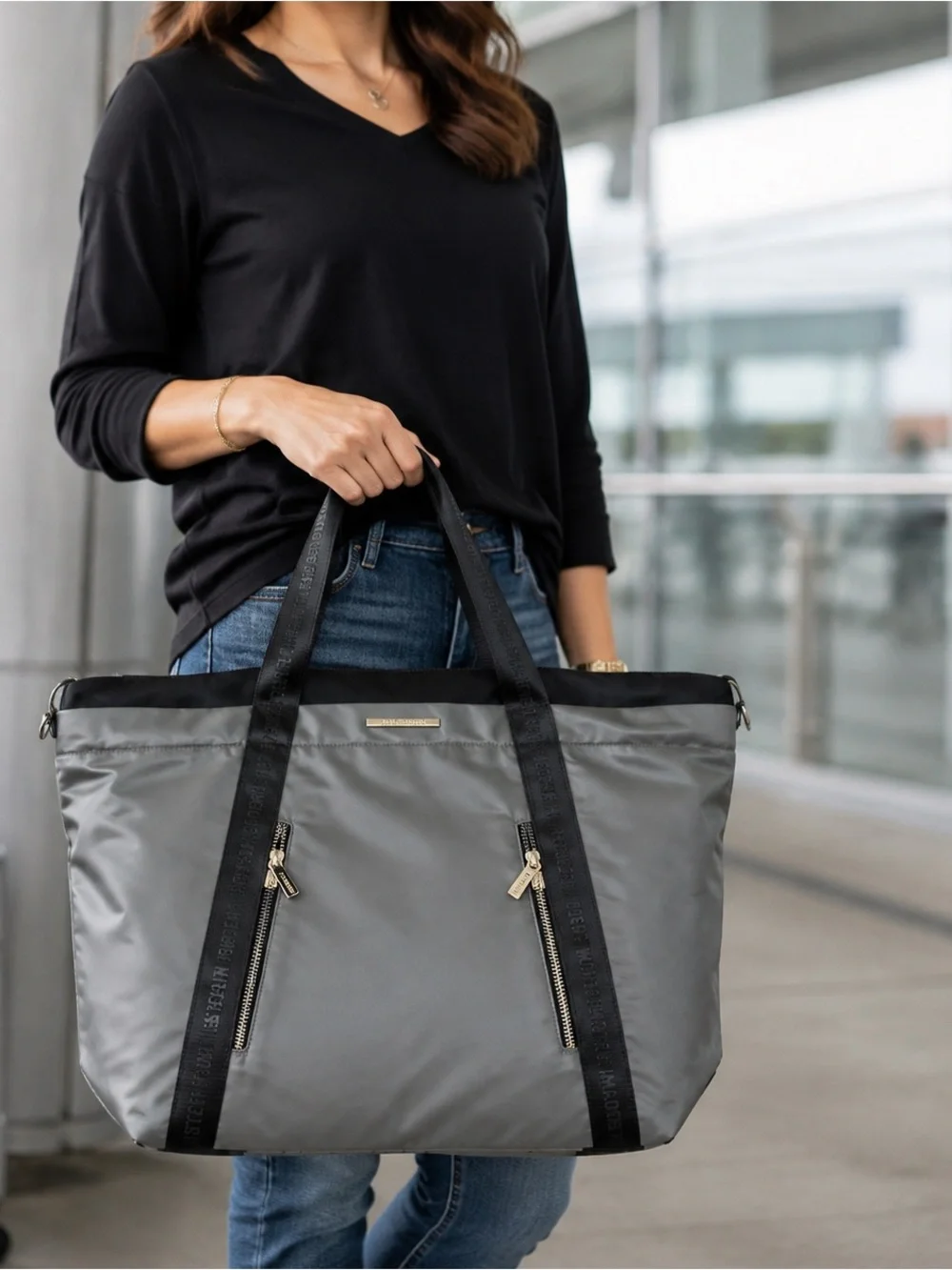 Steve Madden Gray Black Nylon Convertible Weekender Travel Tote Bag